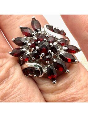 Garnet Cluster Ring Sterling Silver Size 8 Statement Jewelry